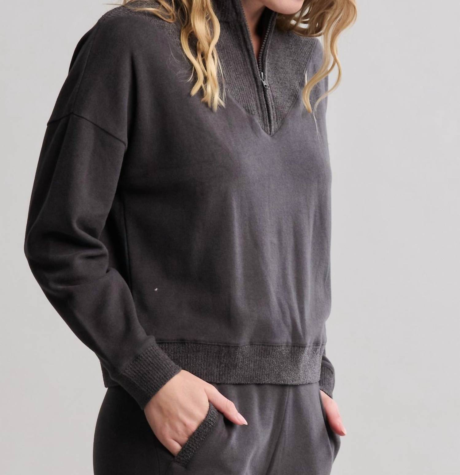 Barefoot Dreams - Brushed Fleece With Cozychic Ultra Lite Rib Half Zip Pullover