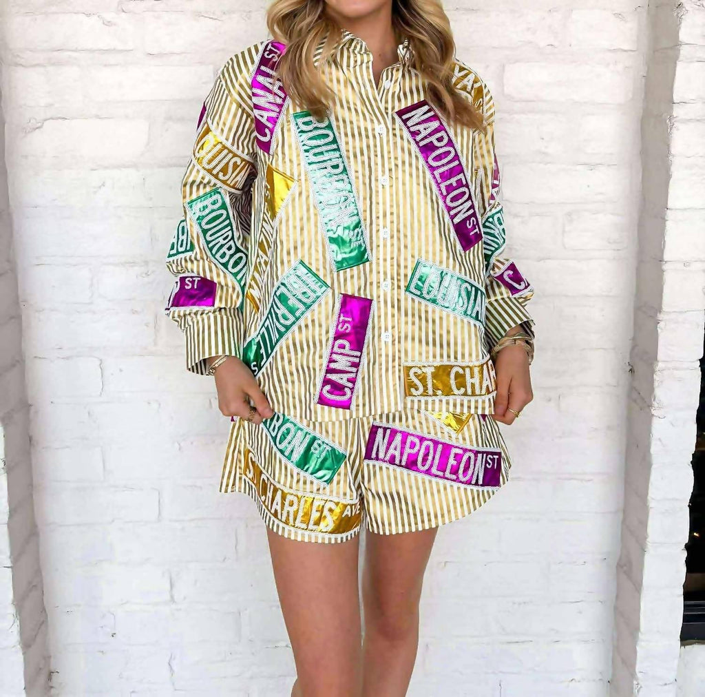 Queen Of Sparkles - Metallic Stripe Nola Street Signs Button Up Top