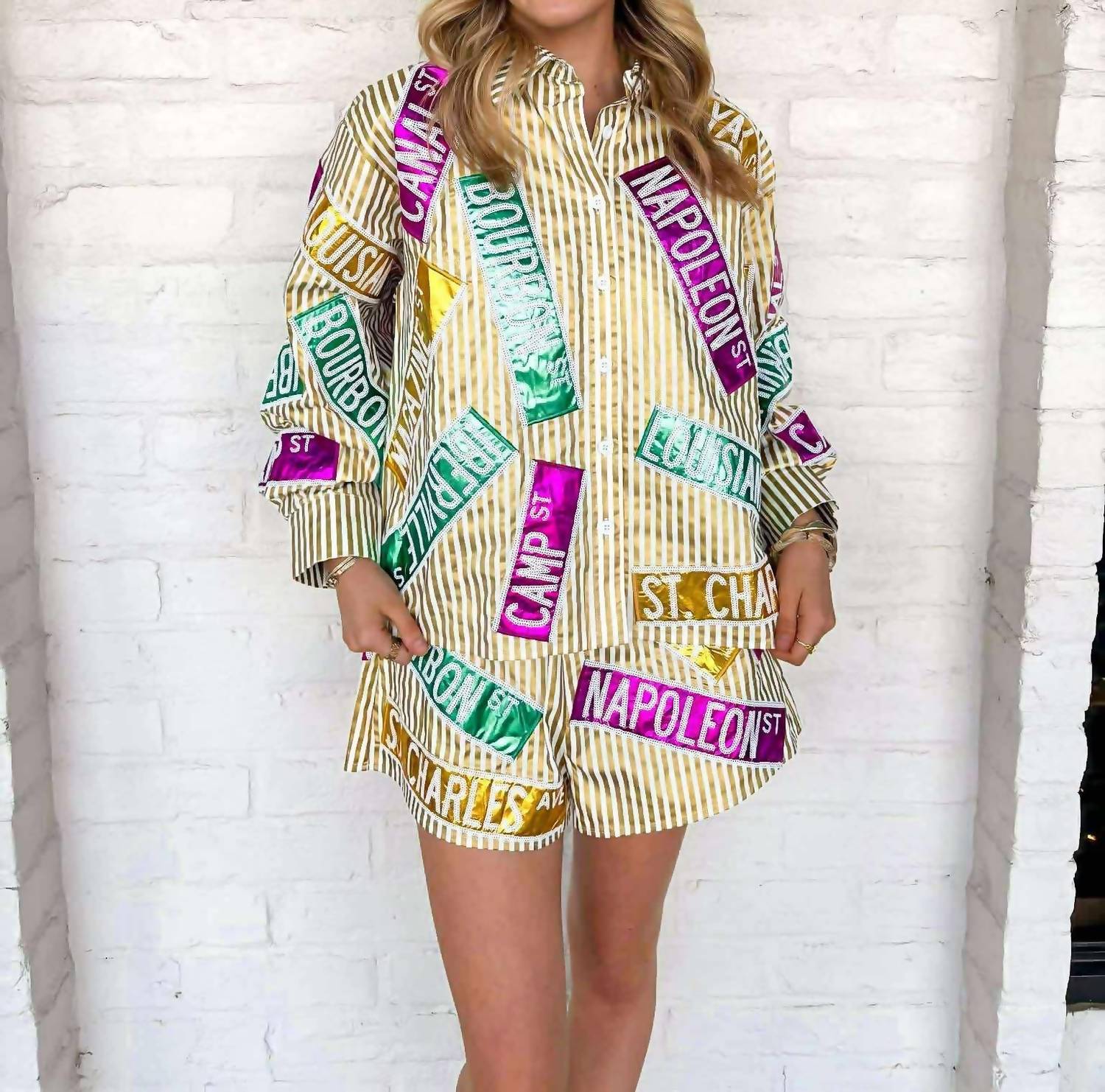 Queen Of Sparkles - Metallic Stripe Nola Street Signs Button Up Top