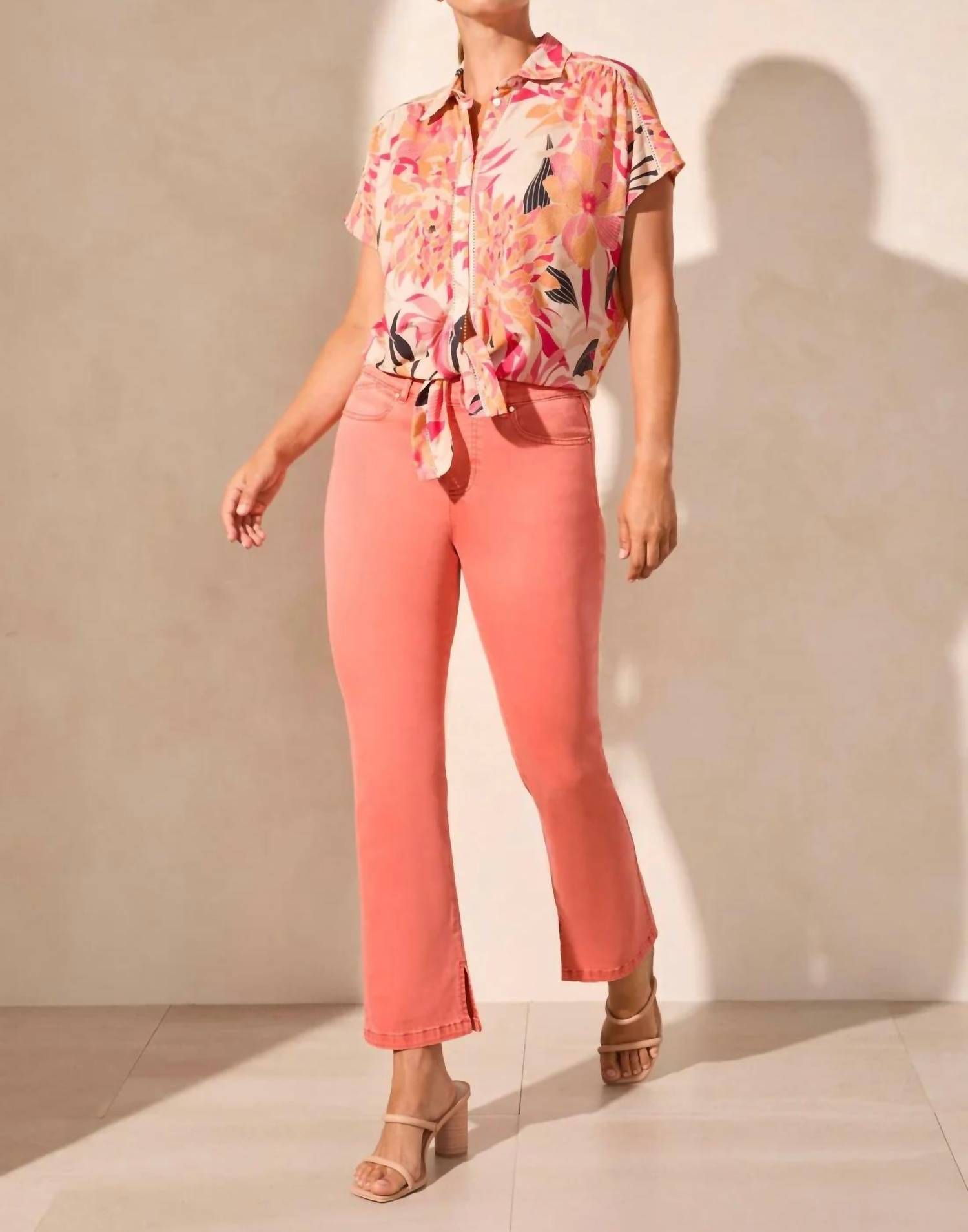 Tribal - SHORT SLEEVE TOP WITH BUTTONS & TIE FRONT